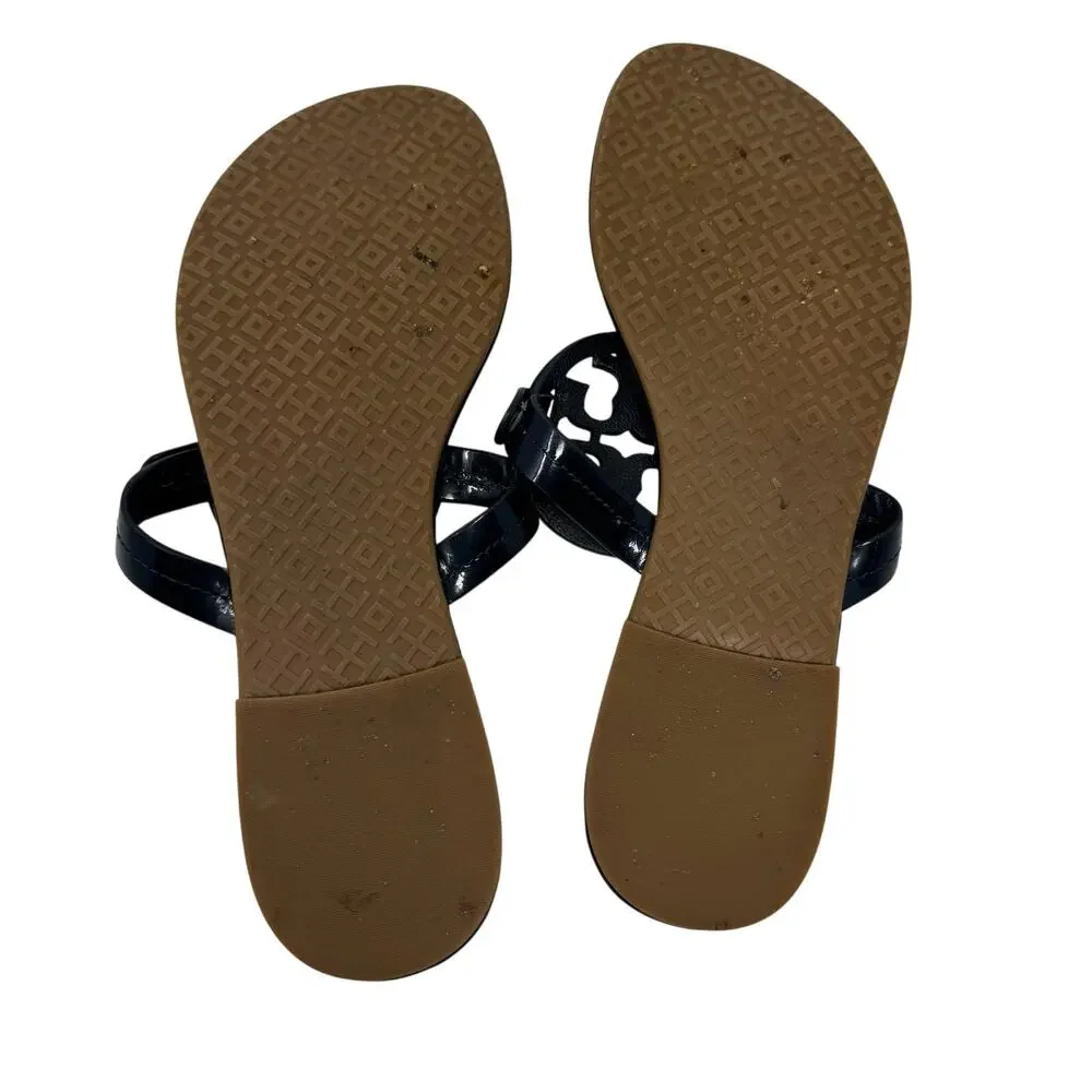 TORY BURCH Navy Blue Rainbow Stripe Miller Logo Patent Leather Sandals Size 7